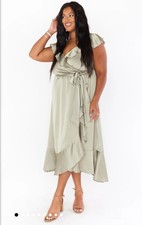 Show Me Your Mumu Samantha Ruffle Wrap Dress Luxe Satin Moss Green Medium NWT