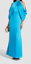 Badgley Mischka Women's Blue Satin Draped Halter Lined Gown Dress Size 16