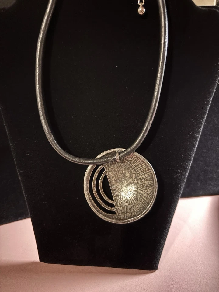 Chicos Pendant Necklace Adjustable Silver Tone w enamel Black Cord Boho 18"-20" - Image 3 of 4