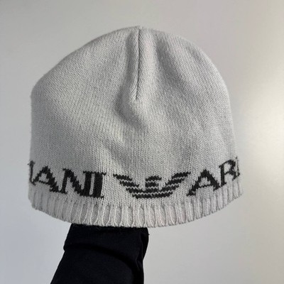 Vintage Armani Knit Beanie Hat White Black Logo Mens One Size