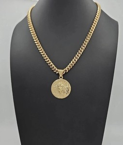 Authentic Gold Large Jesus Necklace, 7mm Curb Link, 14k Gold Plated, Waterproof, No Fade