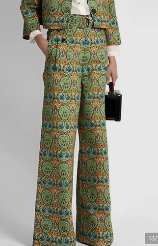 Miu Miu Green Floral Cargo Wide-Leg Pants w/ Pockets Zip Button, Size 38