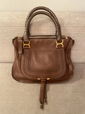 Chloe Marcie Medium Satchel Handbag Brown Leather Contrast Stitch Gold Hardware