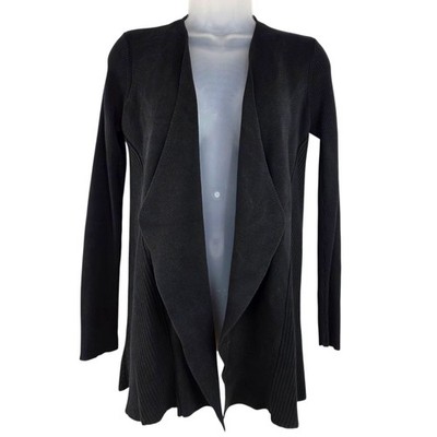 Eileen Fisher Cardigan Womens XS Black Silk Cotton Ribbed Interlock Open Sweater