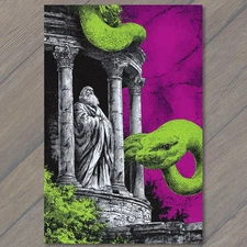Art Print Wizard Statue Temple Columns Green Serpent Purple Sky Surreal Weird