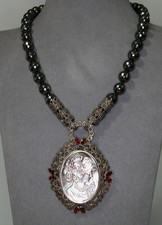 Vintage 925 Silver Cameo Pendant Necklace With Black Beads Red Gem