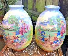 Vintage 1920/30s Crown Ducal ware vases cottage garden Art Deco pottery 8.5"high