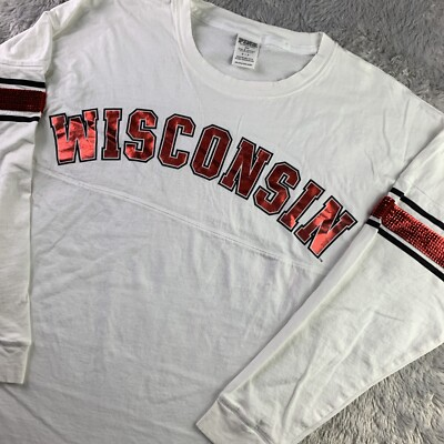 #ad Wisconsin Badgers Shirt Womens Small White Red Black Sequin Bucky Crew Neck UW $12.78