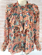 Polo Bonetta Long Sleeve Blouse Ruffle Fall Colors Glitter Buttons Women S/M New