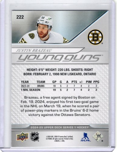 2024-25 Series 1 Young Guns Exclusives Justin Brazeau RC #/100 No. 222 - BOSTON - Picture 2 of 2