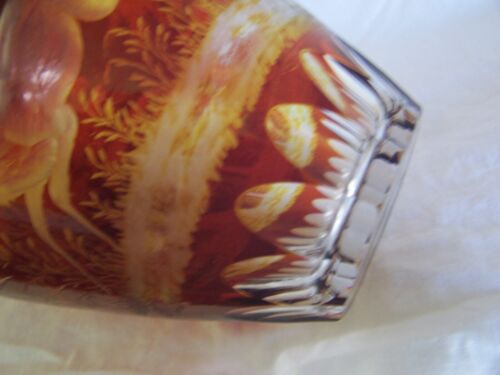 Bohemian Egermann Ruby Red Cut to Amber & Clear Crystal 6" Hunting Scene Vase - Picture 3 of 9
