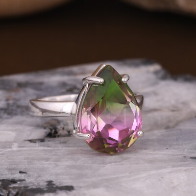 Watermelon Quartz Rings Pear Cut Bio Watermelon Quartz Ring Sterling Silver Engagement Multi ...