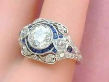 Art Deco Style Lab Created Diamond Sapphire Engagement 14K White Gold FN Ring