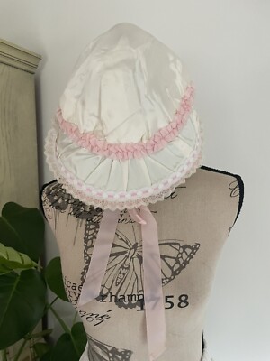 Antique Vintage Pink Frilly Floral Lace Ribbon Bed Night Hat  display picture 2