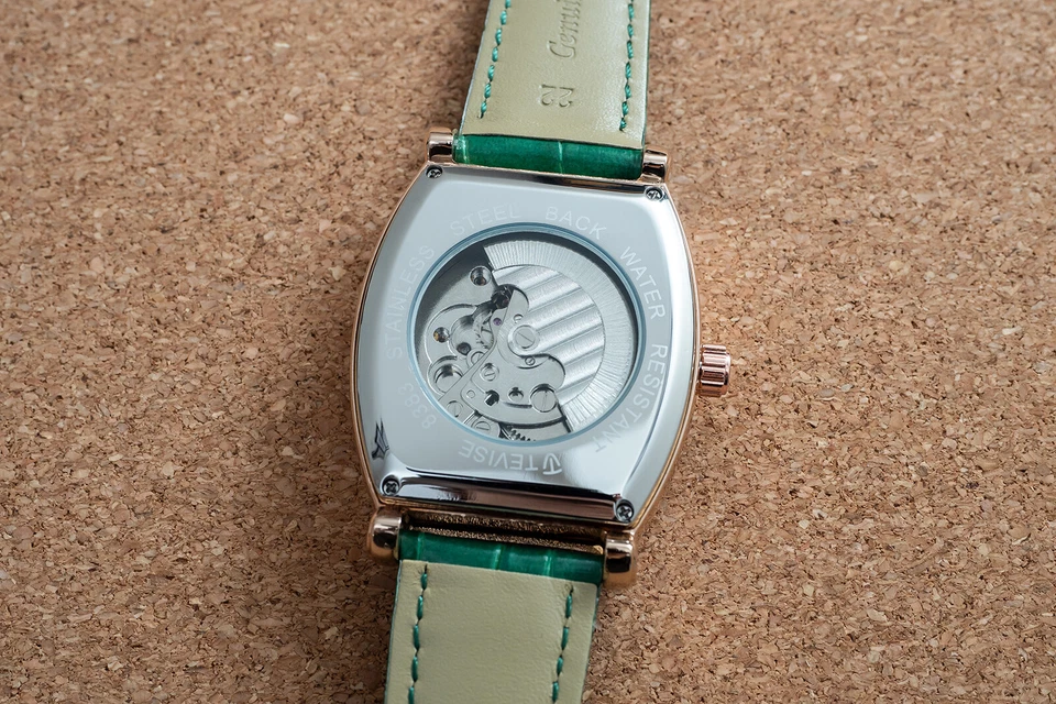 Reloj mecánico automático fase lunar oro rosa para hombre cuero verde esfera 24 horas Foto 3 de 4