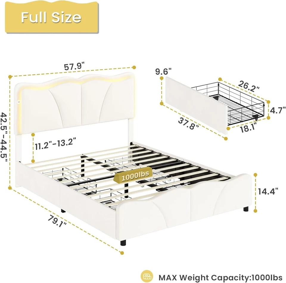 Marco de Cama Tamaño Completo con Cajones Terciopelo Tapizado Plataforma Cama con Luces LED Foto 2 de 4