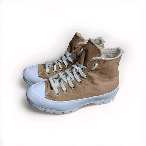 Converse High Top Platform Sneakers Fleece Size 6 Khaki - Picture 2 of 9