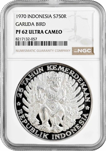 Indonesia 750 rupiah 1970, NGC PF62 UC, "Independence - Garuda Bird" silver coin