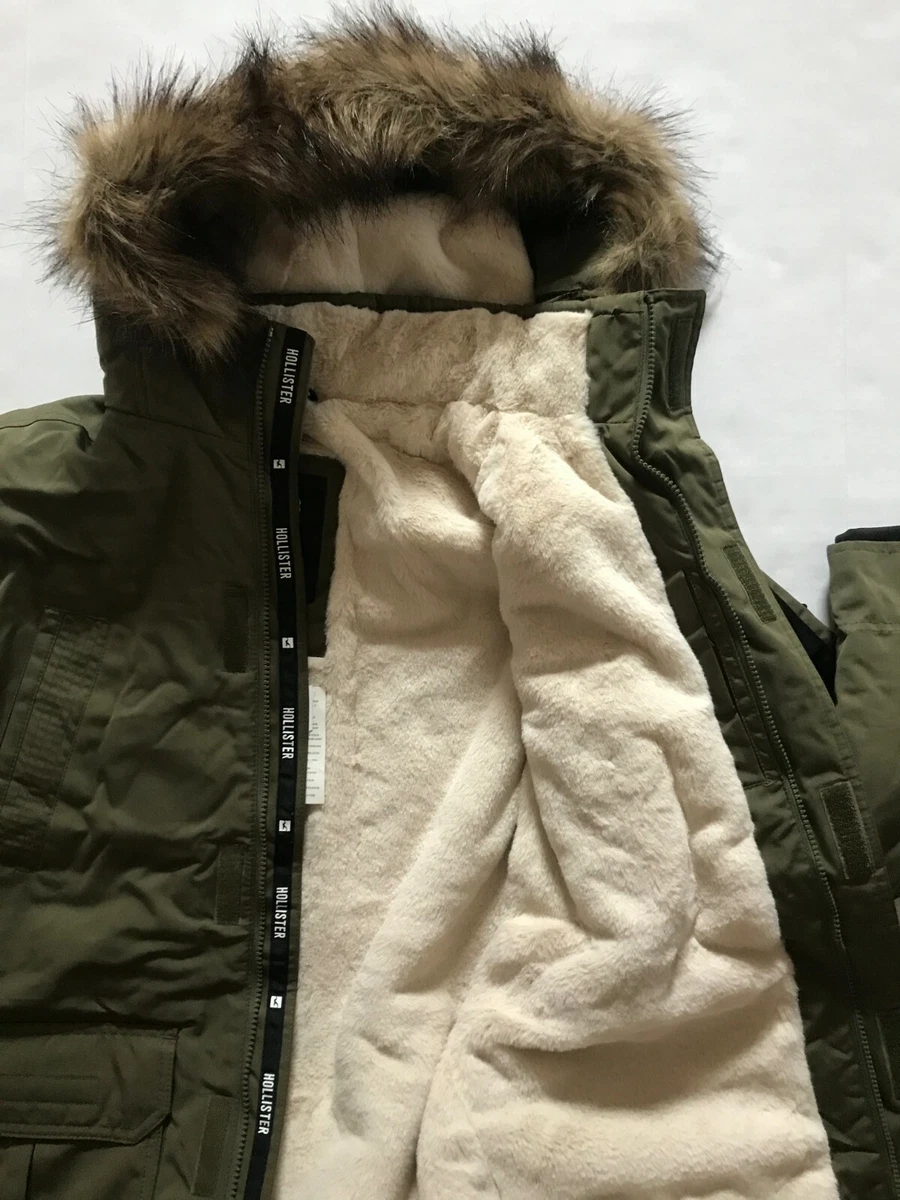 NWT Hollister by Abercrombie Men Faux Fur Lined Parka Jacket Coat Olive  Green S