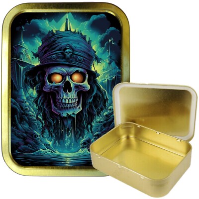 Blue Pirate Skull 2oz Gold Tobacco Tin, Storage Tin , Gift tin