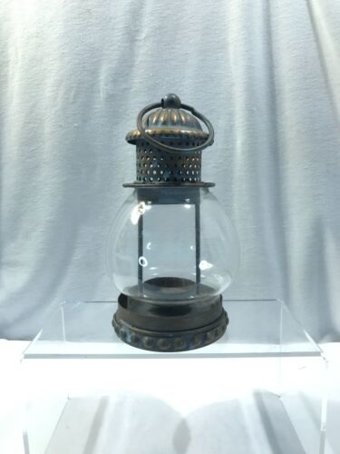 Tealight holder, metal glass lantern style with holding or hanging loop, 7.5" - Picture 9 of 10