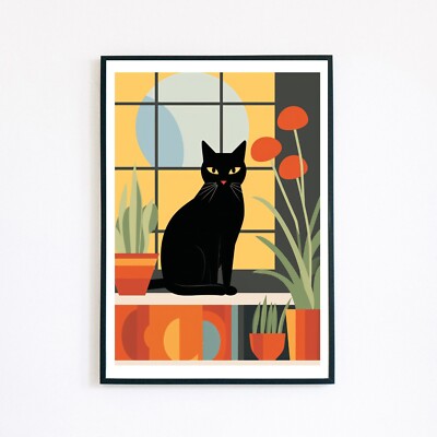Schwarze Katze minimalistische grafische Illustration 7x5 Retro Wohndeko Wandkunstdruck 