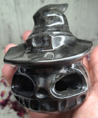 Silber Glanz Obsidian Kristall Hexe Kürbis Schnitzerei 85x67mm 313g Halloween Goth