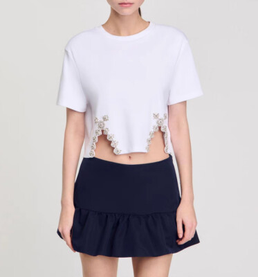 Women Sandro Round Neck Rhinestone Short Sleeve T-shirt Top