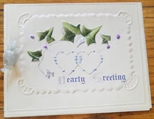 Pretty Ivy & Silvered Hearts on Cover of Small Old Folded Christmas Card