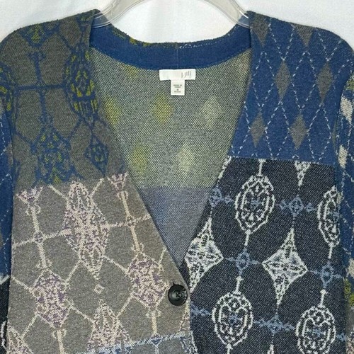 Maglione cardigan patchwork J Jill blu Argyle. Bohemien Bottone Singolo Lungo Tg M - Foto 9 di 10