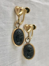 Vintage MCM AMCO 1/20 - 12K GF Carved Scarab Dangle Screw Back Earrings