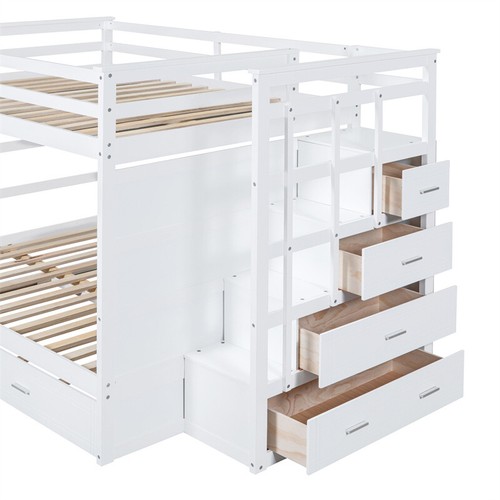 Full Over Full Wood Bunk Bed w/Twin Trundle,Storage Stairs & 4 Drawers-White - Picture 4 of 17
