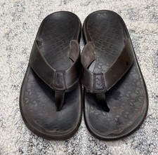 OLUKAI 'Ilikai" Men's Leather Dk Wood Flip Flops, Full-Grain Leather SZ US M 11