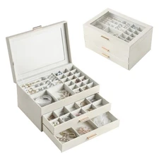 Jewelry Storage Box Clear Flip Lid Double Layer Drawer Organizer Earings Rings @