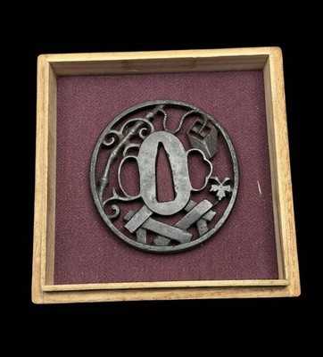Japanese Iron Sukashi Tsuba Morning Glory & Well Bucket Design Sword Guard