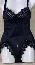 Vintage Olga SECRET Stretch Satin Teddy Romper Bodysuit Shiny Black Lace M New