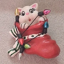 Adorable Christmas Cat Stocking Pin Brooch Resin Festive Holiday Lights Vintage