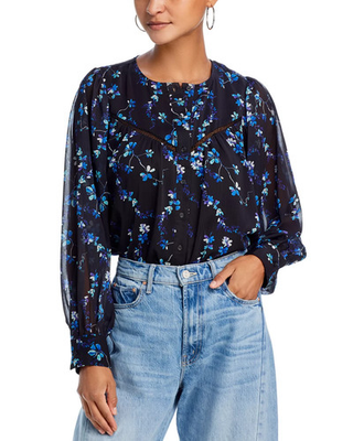 #ad AQUA Floral Print Lace Detailed Top Women#x27;s M Black Multi Round Neck Long Sleeve $54.40