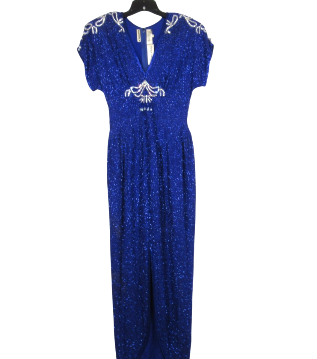 VTG LILLIE RUBIN Royal Blue Silk Beaded EVENING COCKTAIL DRESS ‼️Damaged‼️ SZ M