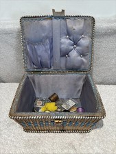 Vintage Sewing Box Basket with Contents Blue Lining 1950s VGC