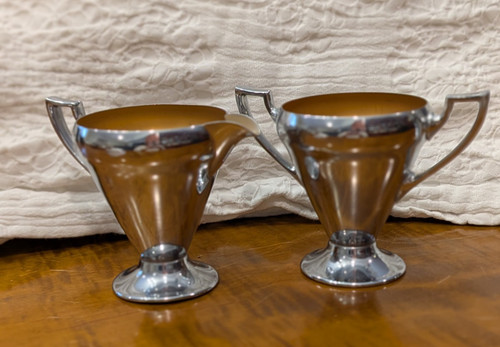 Antique Vintage Manning Bowman & Co Chrome Sugar And Creamer Set Arr Nouveau