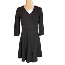 Marc Andrew Marc Knit Dress V Neck 3/4 Sleeve Textured Geometric Charcoal Gray M