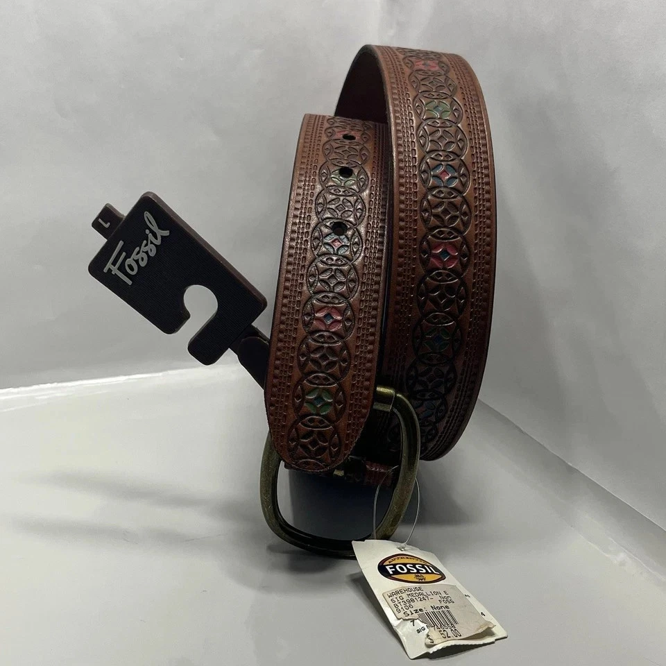 Fossil Tan Leather Belt XL Perforated Medallion Boho Western Brass Buckle Fossil Size L Belts for Women for sale | eBay main image 3