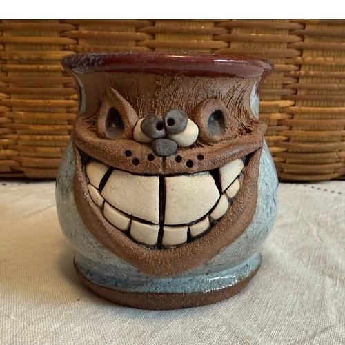 Mahon Made Stoneware Pottery Coffee Tea Mug Artist Signed MMS Ugly Funny Face