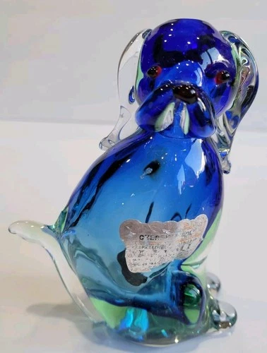 ARCHIMEDE SEGUSO SOMMERSO vintage MURANO GLASS DRIOLI DOG BOTTLE DECANTER Blue