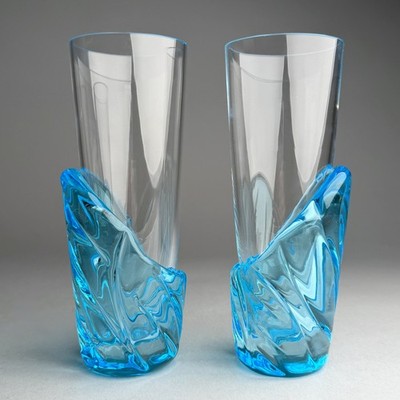 Vintage Carlo Moretti Murano Glass Tumblers / Highball Glasses   Aqua Blue Swirl