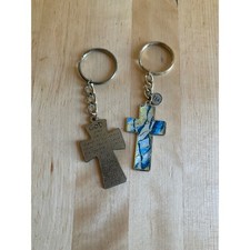 Lot of 2 Cross Keychains Serenity Prayer Engraved and Blue Mosaic Pray For Us