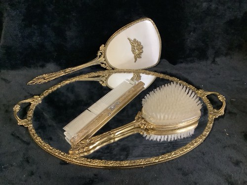 Antique 1930-1940’s 24k Gold Plated Dressing Mirror Hand Mirror Brush & Comb Set