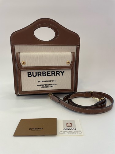 Burberry Mini Pocket Bag Beige Brown Canvas Calfskin Top Handle Crossbody Duty P