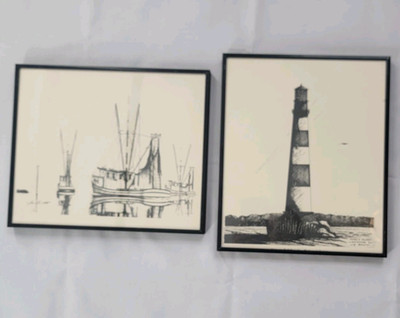 Jim Booth Artist Signed Print Morris Island Lighthouse Boat Art Drawing Lot / 2